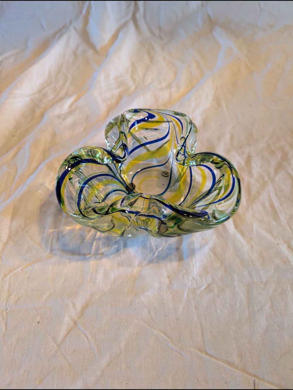 2/140$ Vintage Romanian Glass Sculpture Bowl with Blue and Yellow Swirls